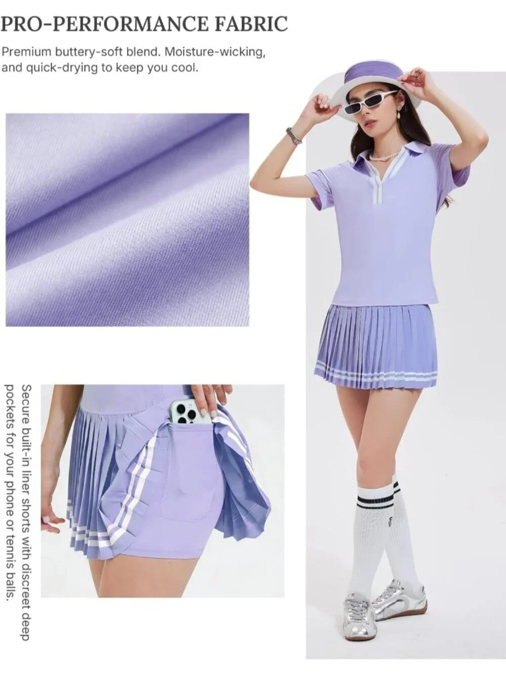 Women's Lavender 2 Piece Racer Back Tennis Skirts Tank Top Pull On Golf Dress